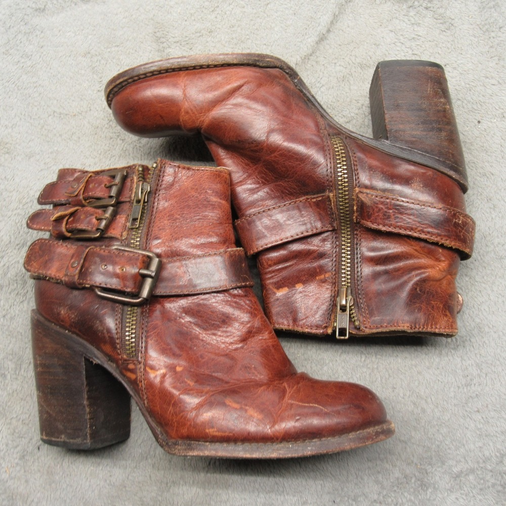 Freebird Bolo Women Boots 7 Brown Leather Dual Buckle Ankle Zip Heel Platform - Picture 8 of 15